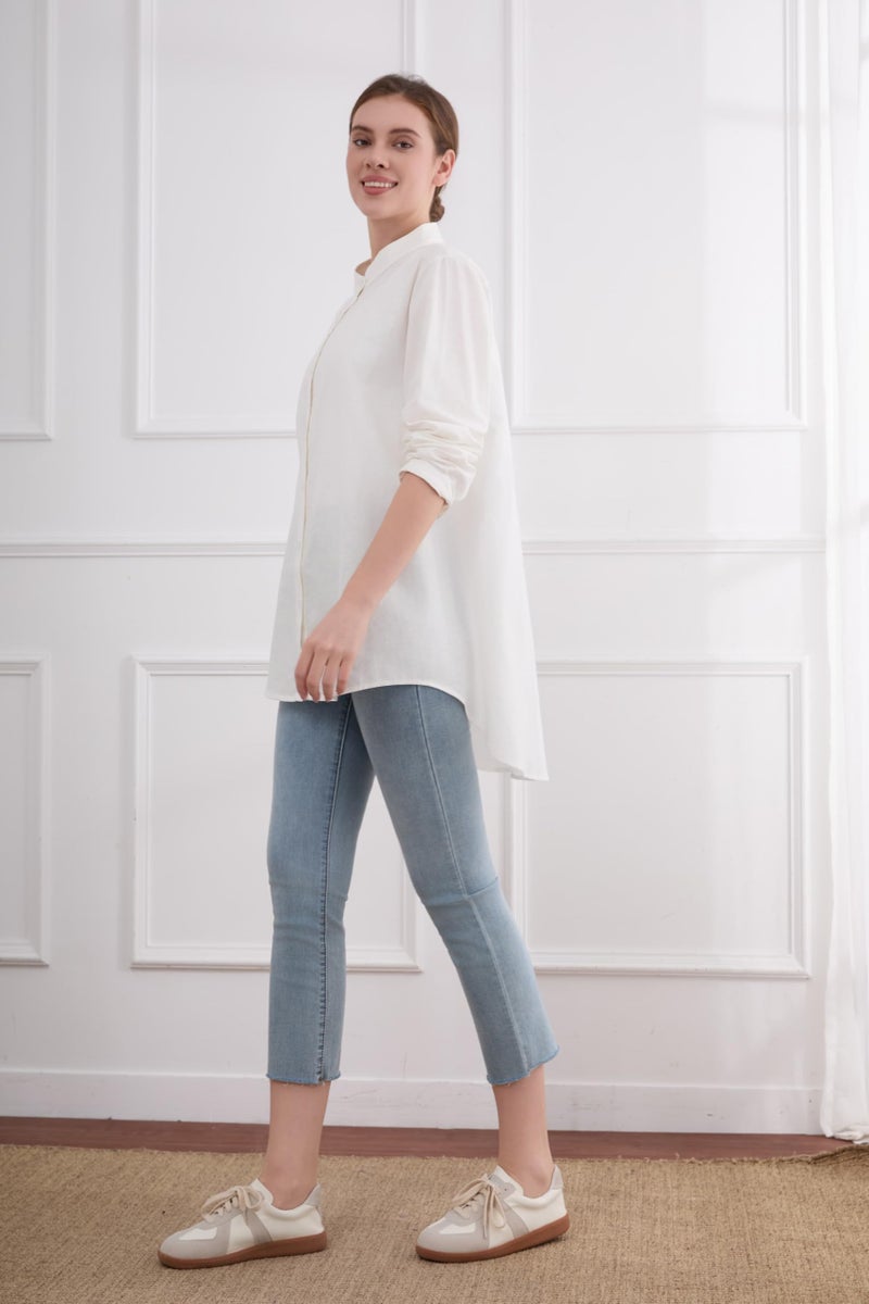 Minibee Women's Cotton Linen Shirt High Low Button Down Embroidered Blouse Long Sleeve Tunic Tops - Image 3